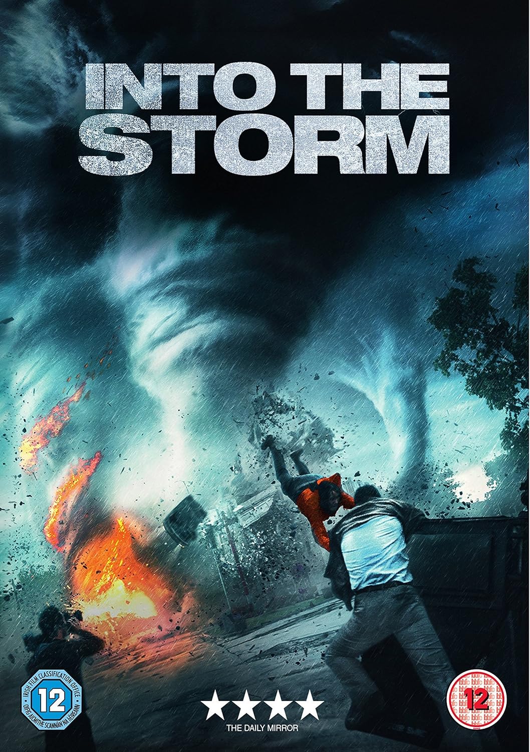 Movie poster for 'Into the Storm' with a tornado and people in危急情况