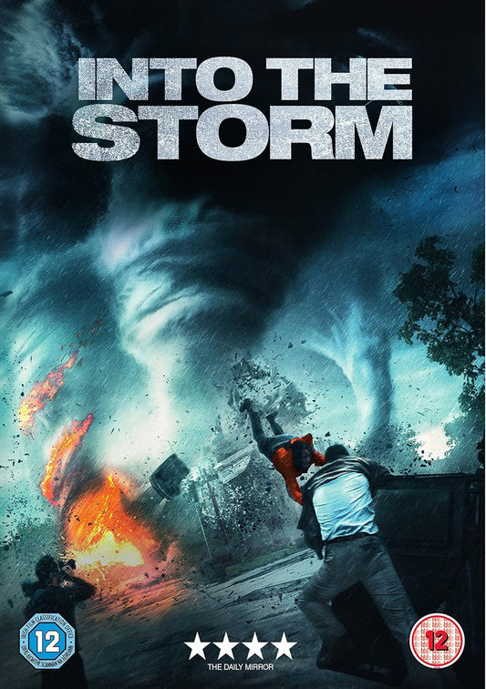 Movie poster for 'Into the Storm' with a tornado and people in危急情况