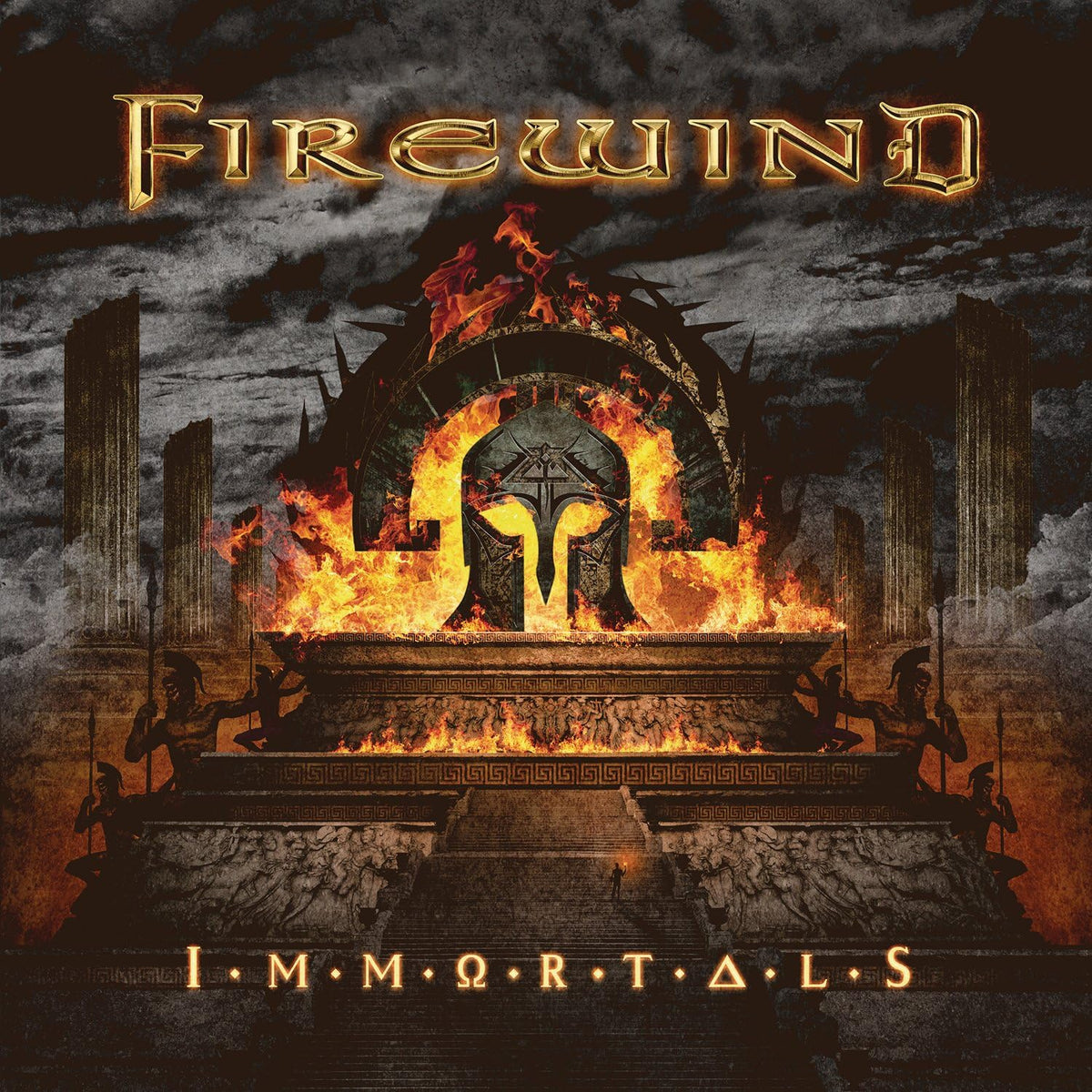 Album cover for 'I.M.M.O.R.T.A.L.S.' by Firewind with a fiery design and architecture.