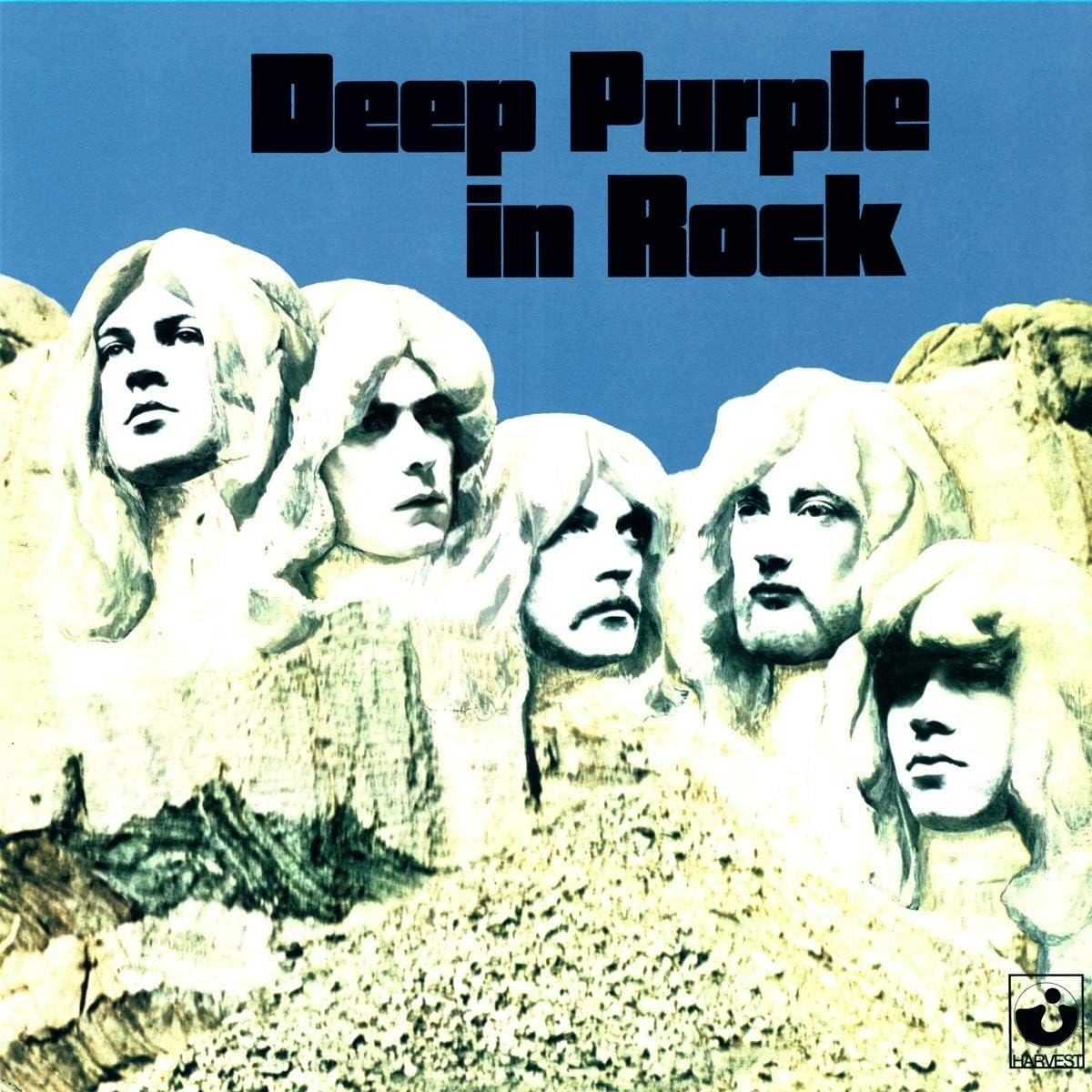 Album cover of 'Deep Purple in Rock' with stylized portraits against a blue background.