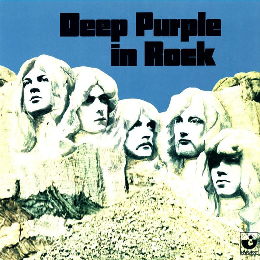 Album cover of 'Deep Purple in Rock' with stylized portraits against a blue background.