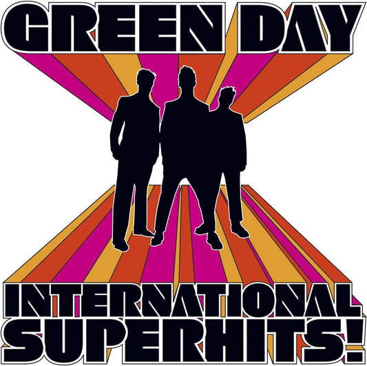 Album cover for Green Day's 'International Superhits!' with silhouettes of band members against a colorful striped background.