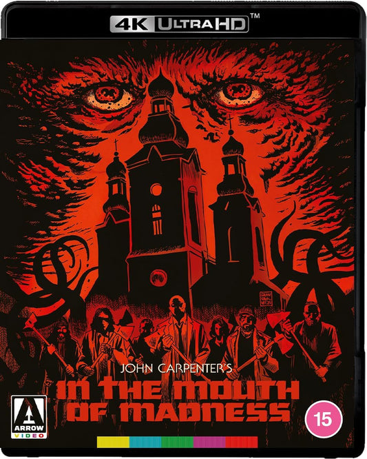 4K Ultra HD Blu-ray cover for John Carpenter's 'In the Mouth of Madness'. The cover art features a dramatic red and black illustration of a church surrounded by monstrous tentacles, with a giant pair of eyes in the sky.