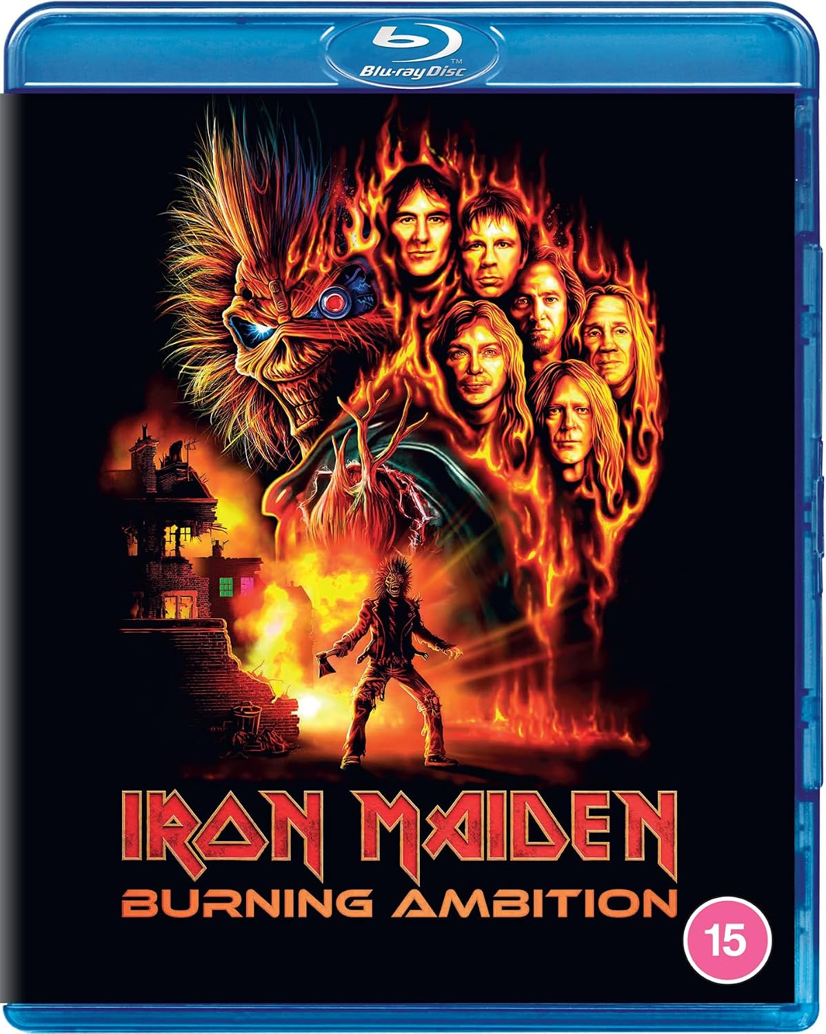 Iron Maiden 'Burning Ambition' Blu-ray case cover art on a blue plastic case, featuring the band members in flames, a wolf mascot, and a figure standing before a burning house on a black background.