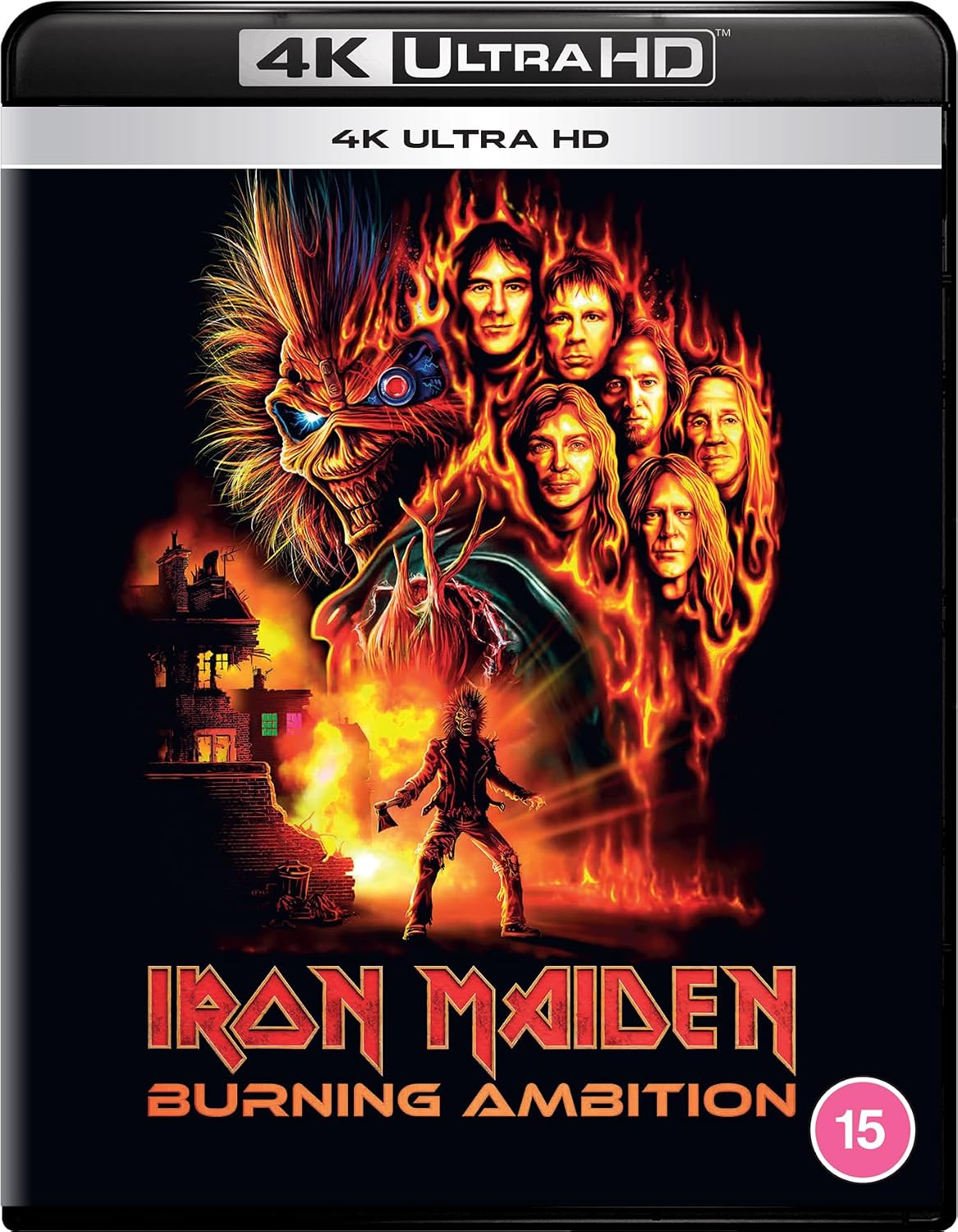Iron Maiden 'Burning Ambition' 4K Ultra HD cover art on a black background, featuring the band members in flames, a lion, a burning house, and the band's name in red at the bottom.
