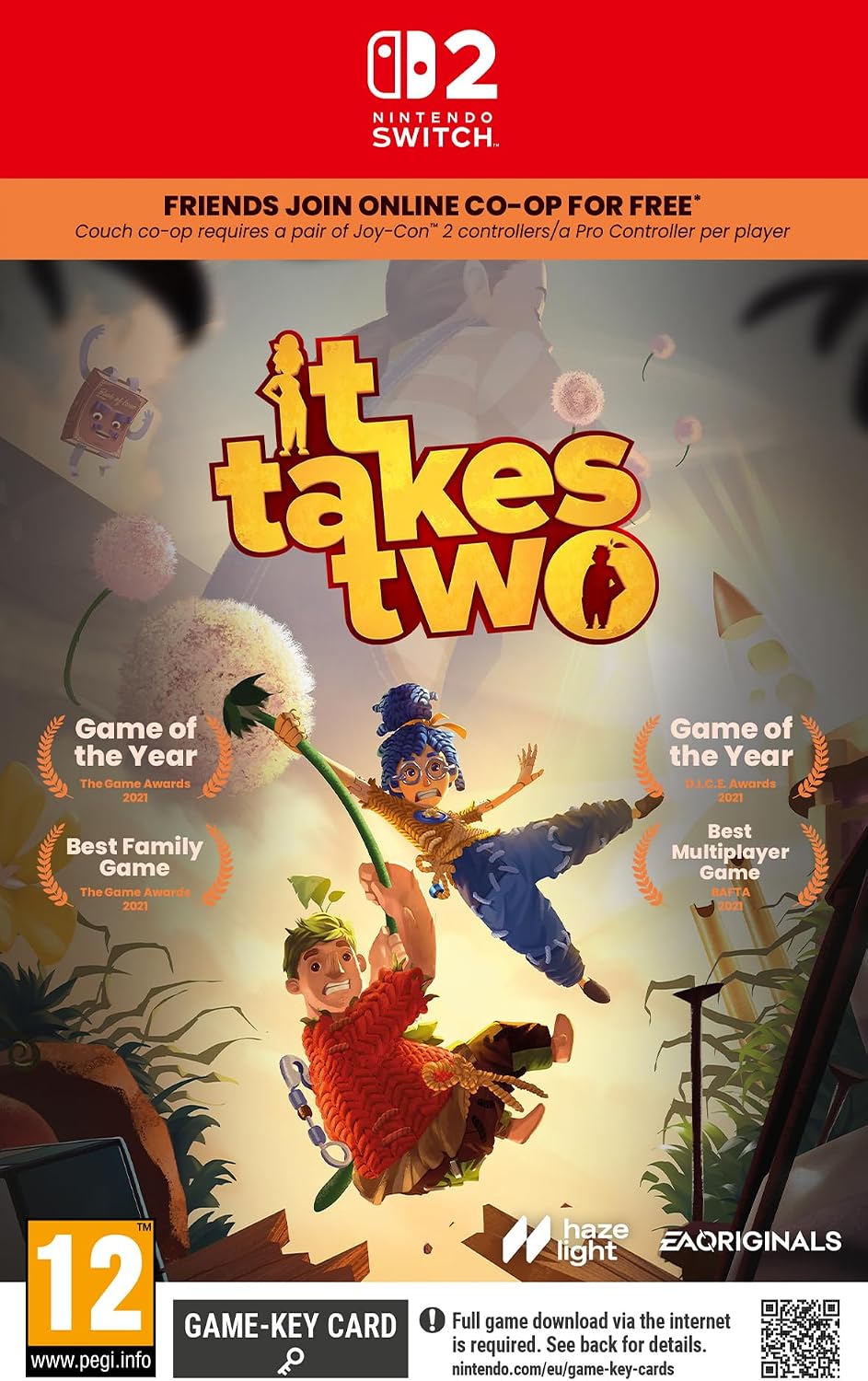 Nintendo Switch game cover for 'it takes two' with Nintendo Switch branding at the top, a large orange title, illustrated children playing in a whimsical outdoor scene, and game rating badges around the artwork.