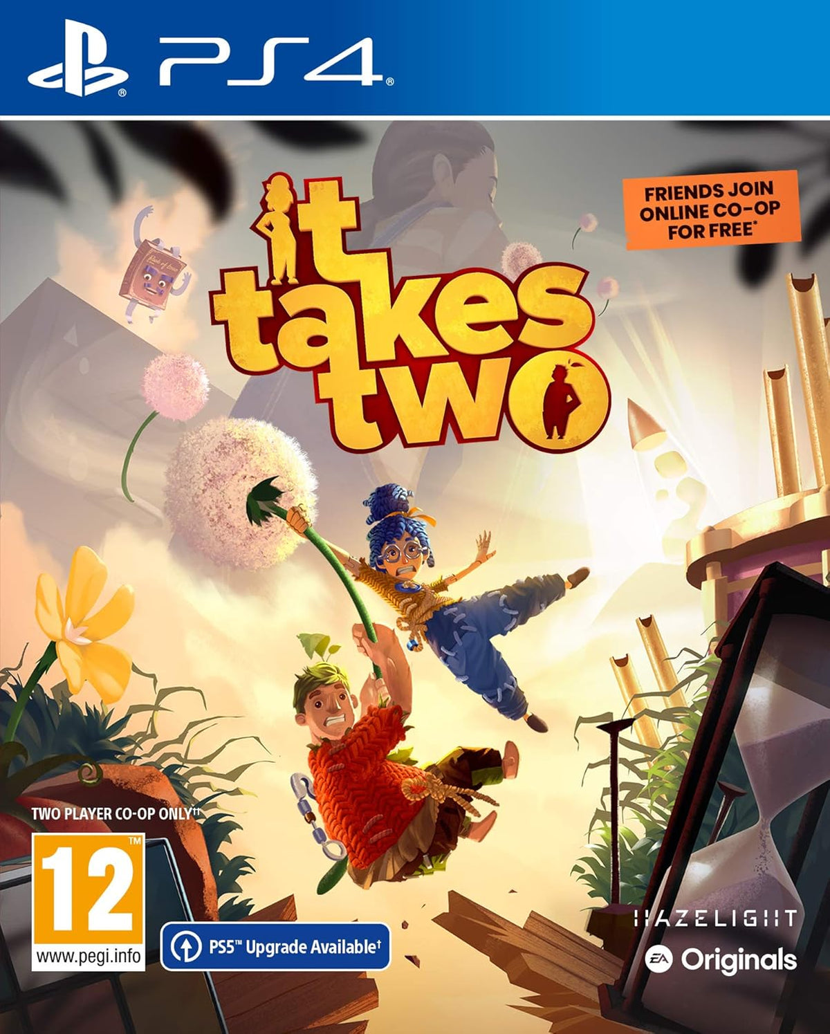 Game cover for 'It Takes Two' on PS4 with two characters and a dandelion.