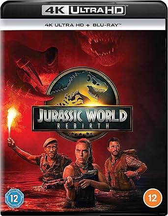 Blu-ray cover of 'Jurassic World: Rebirth' with characters and dinosaurs on a red background.
