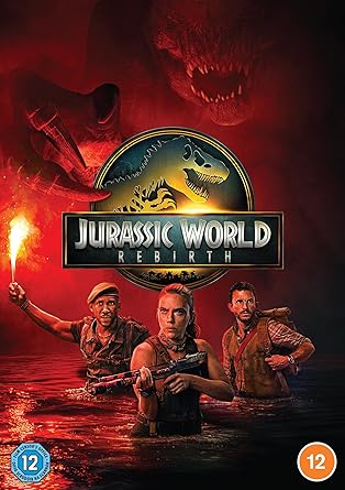Movie poster for 'Jurassic World: Rebirth' featuring dinosaurs and humans in a dark, red-lit scene.