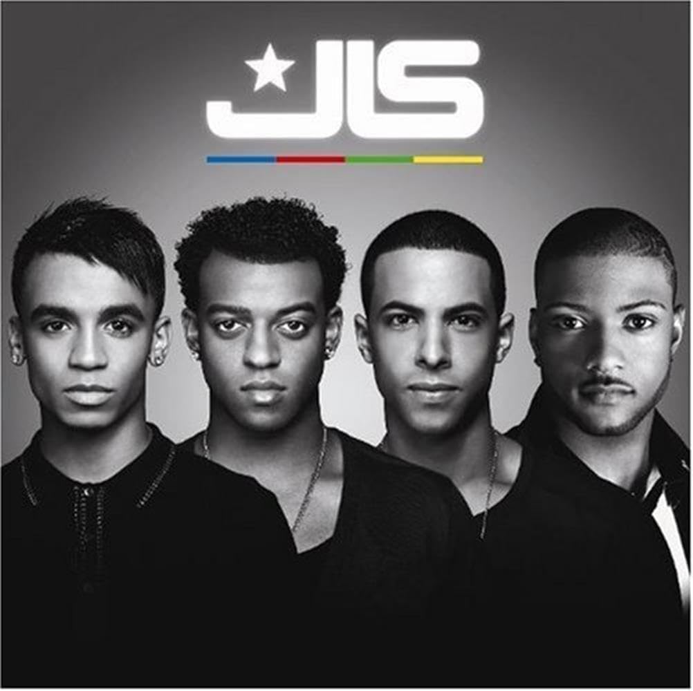 Black and white portrait of four men with JLS logo above them