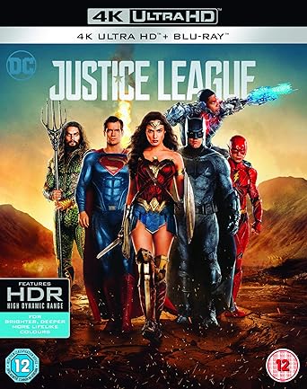 Blu-ray cover of 'Justice League' featuring superhero characters with 4K Ultra HD and HDR branding.