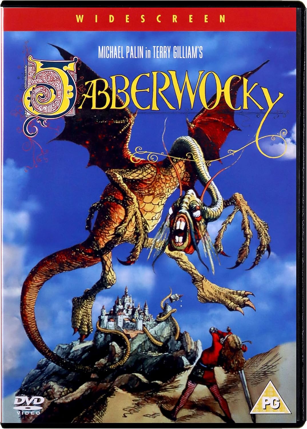 DVD cover for the movie 'Dabberwocky' featuring a fantasy illustration of a large red and gold dragon flying over a castle, with a warrior in the foreground. The title 'DABBERWOCKY' is displayed in large yellow letters, with 'WIDESCREEN' at the top and DVD / PG ratings visible.