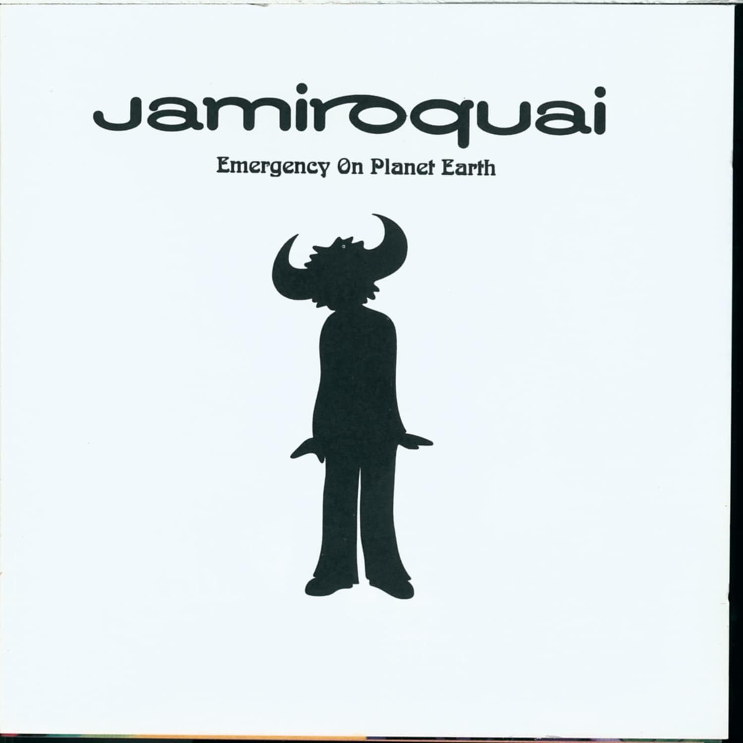 Album cover of 'Emergency On Planet Earth' by Jamiroquai with a silhouette of a person wearing a hat on a white background.