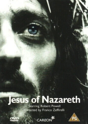 DVD cover for the film 'Jesus of Nazareth' starring Robert Powell, featuring a high-contrast black and white close-up of Jesus' face with a crown of thorns. The title is displayed in white text at the bottom, along with the Carlton logo and a PG rating triangle.