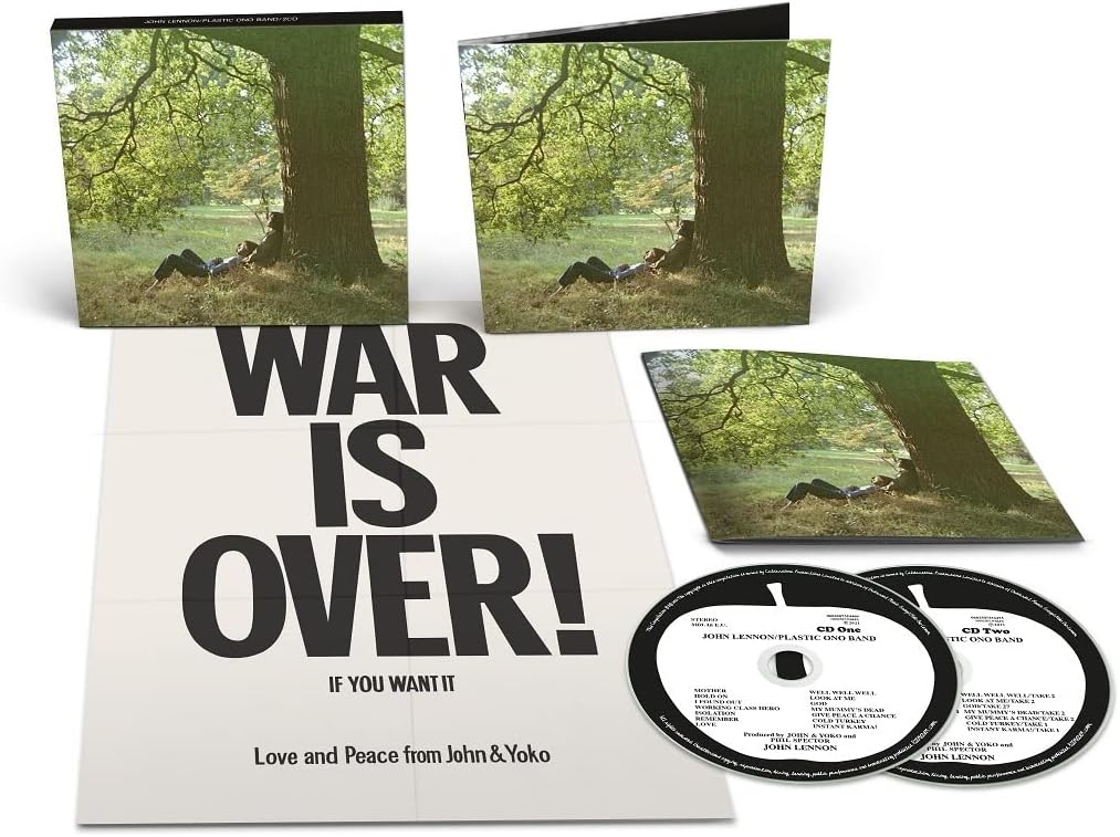 Vinyl record set with 'War is Over!' cover and two CDs on a white background