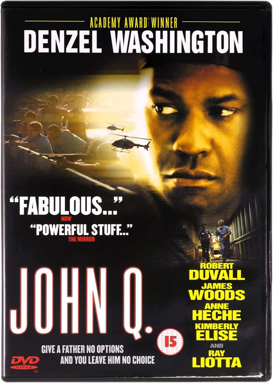 DVD cover for the film 'John Q.' starring Denzel Washington, with a large close-up portrait, movie title in bold white text, cast names on the right, and a black background.