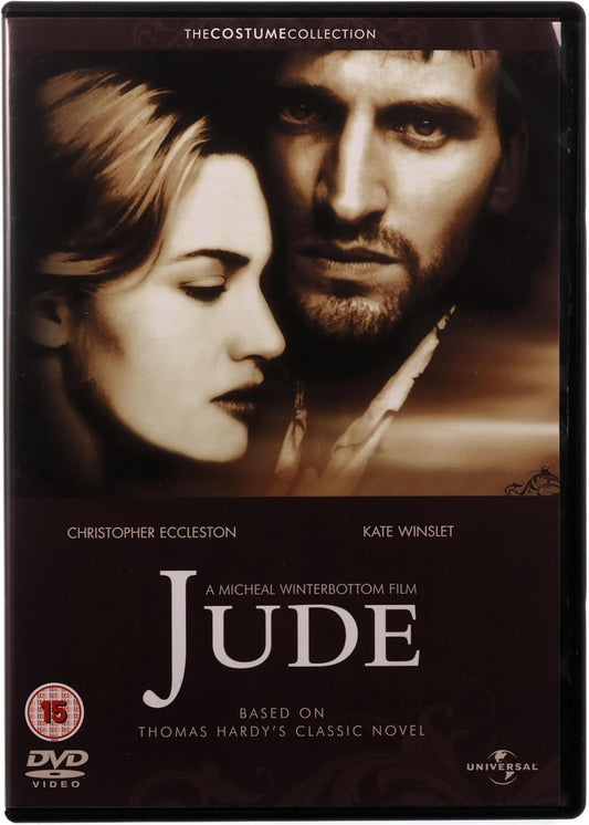 DVD cover for the film 'Jude' from The Costume Collection, featuring a sepia-toned portrait of Christopher Eccleston and Kate Winslet, with the title 'JUDE' in large white letters and a DVD Video logo at the bottom.