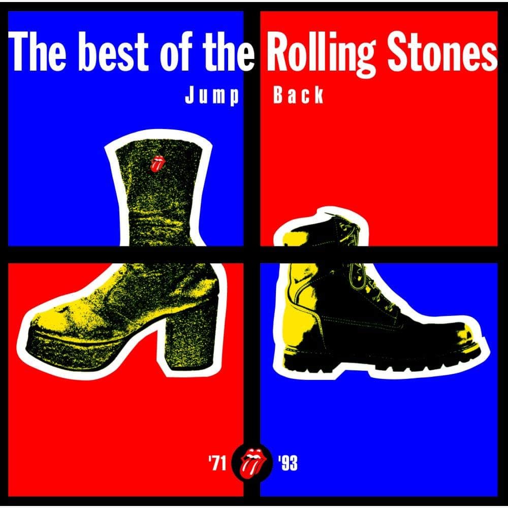 Album cover for 'The best of the Rolling Stones Jump Back' with shoes and red and blue background