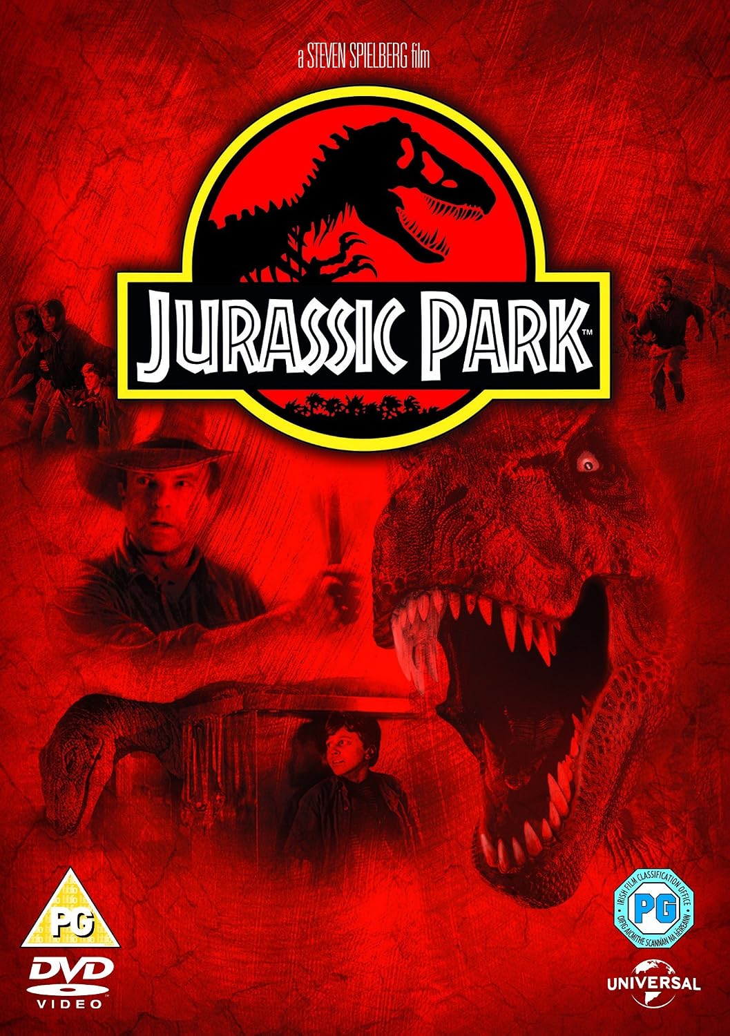 Jurassic Park movie DVD cover featuring a red textured background with the iconic Jurassic Park logo at the top, a large T-rex head on the right, a man holding a flashlight on the left, and DVD Video and Universal logos at the bottom.