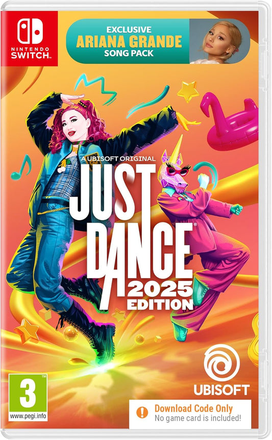 A colorful cover for 'Just Dance 2025' video game for Nintendo Switch featuring an illustration of two cartoon characters dancing with a '3-6' age rating icon, and a 'Download Code Included' message.