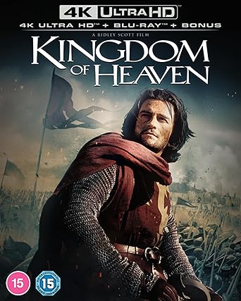 Movie poster for 'Kingdom of Heaven' featuring a character in armor with a flag in the background.