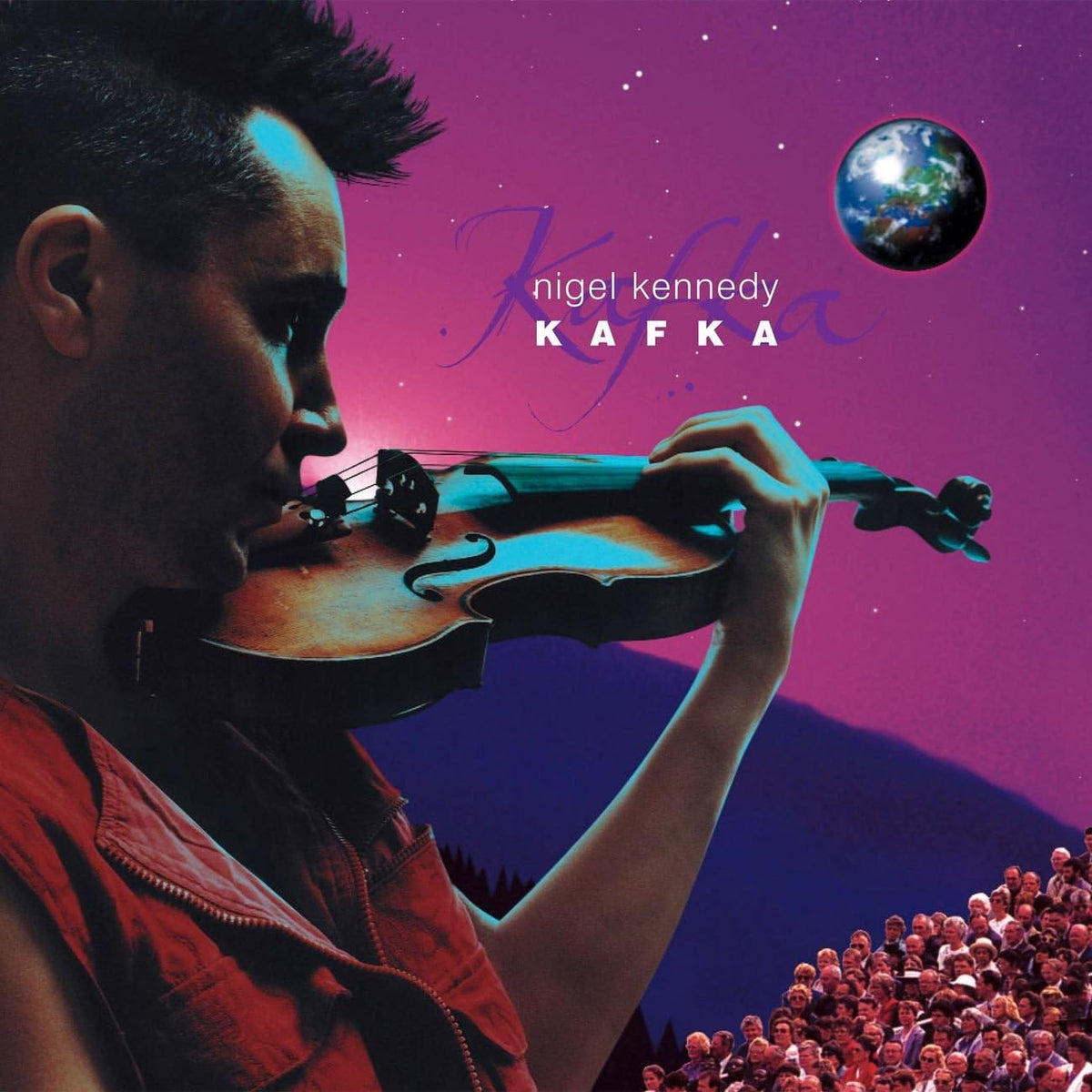Album cover with a person playing violin, crowd, and 'Kafka' text against a purple background