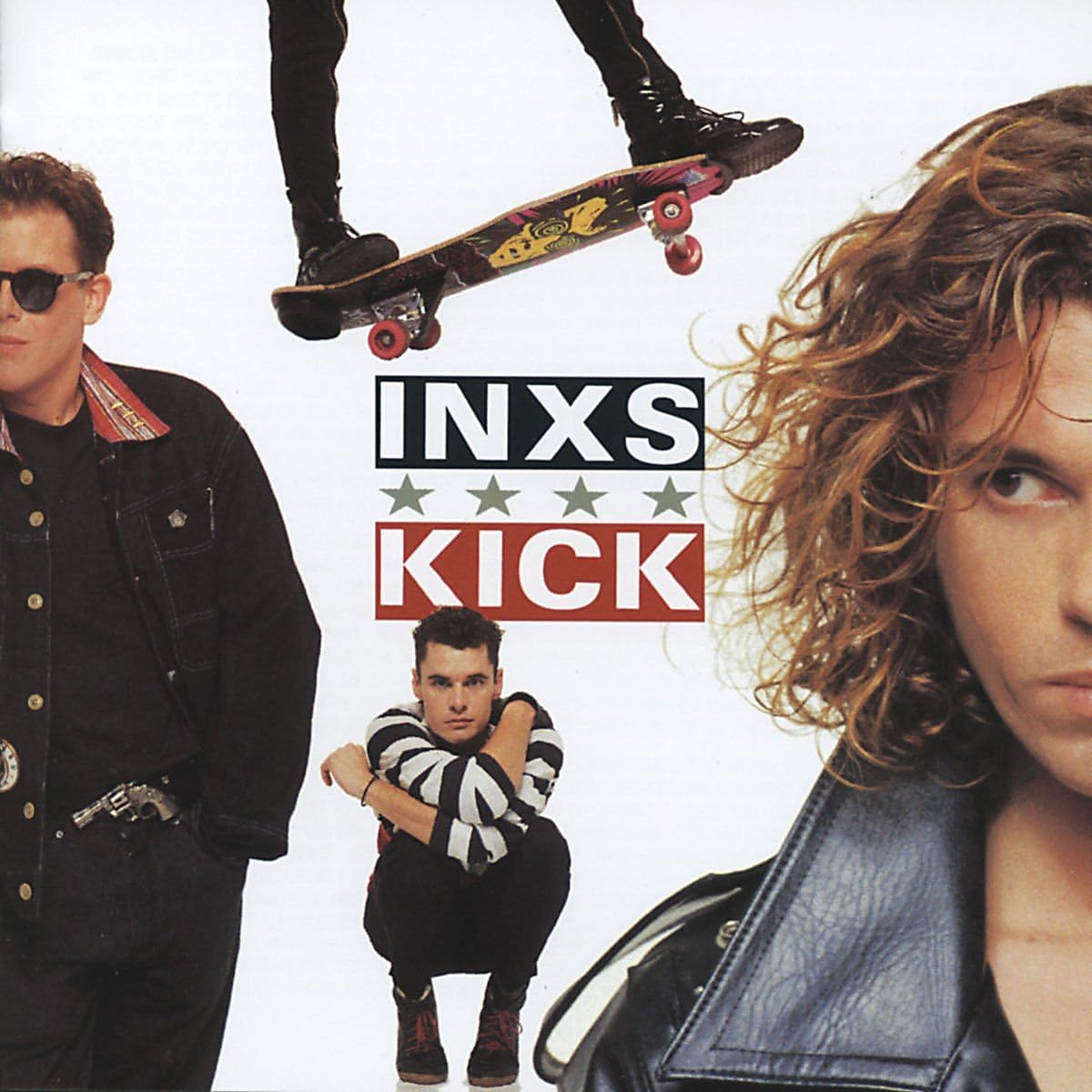Album cover for INXS' 'Kick' featuring band members and a referee figure.