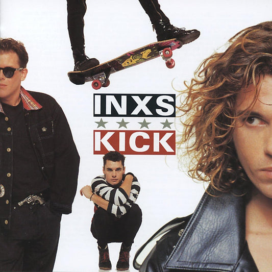 Album cover for INXS' 'Kick' featuring band members and a referee figure.