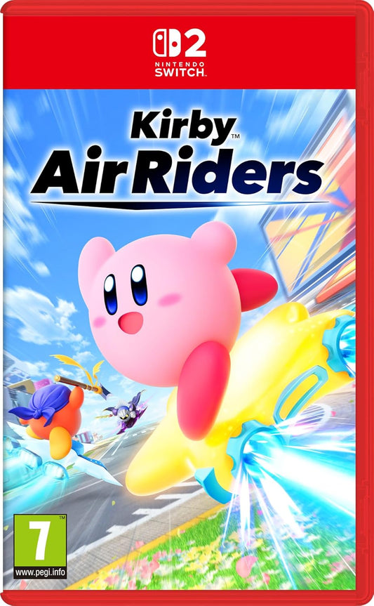 Kirby Air Riders game cover for Nintendo Switch with Kirby character on a red background