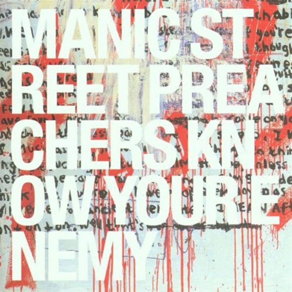 Artistic text collage with red and white splashes on a light background