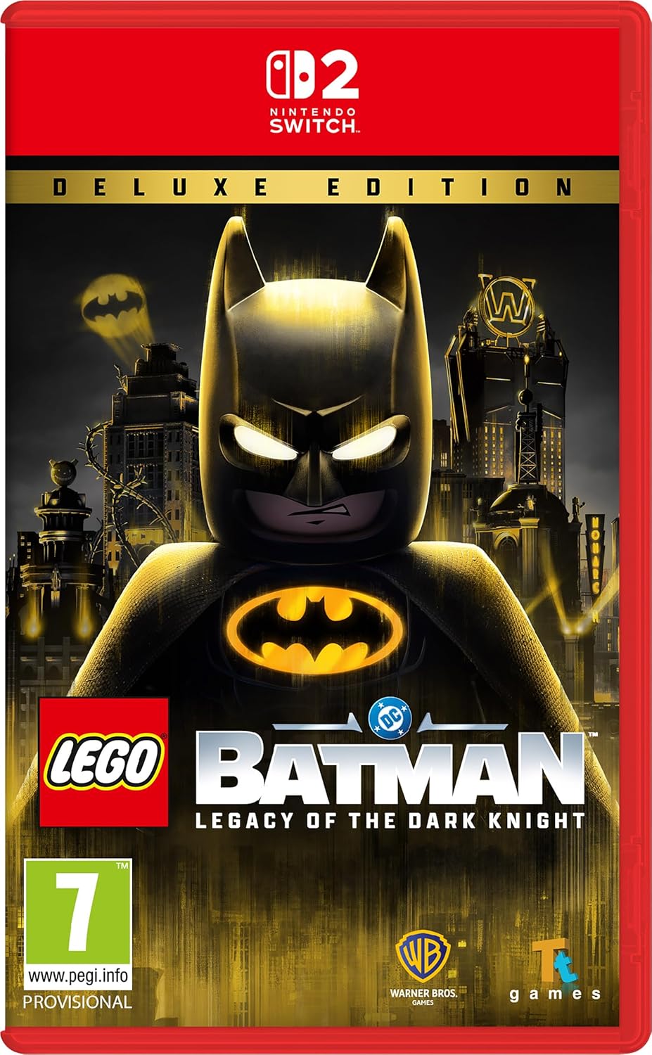 Lego Batman game cover for Nintendo Switch with a dark cityscape background