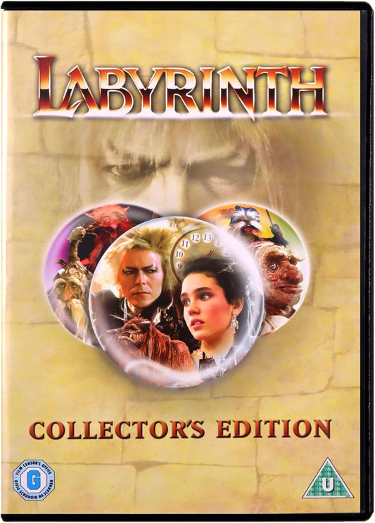 Labyrinth Collector's Edition DVD cover featuring the movie title at the top, three overlapping character portraits in the center, and age rating logos at the bottom on a beige stone-textured background.
