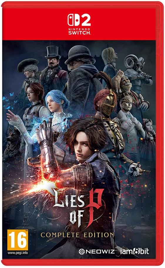 Nintendo Switch game case for Lies of P: Complete Edition, featuring character artwork on a dark background with a red border and Nintendo Switch branding at the top.
