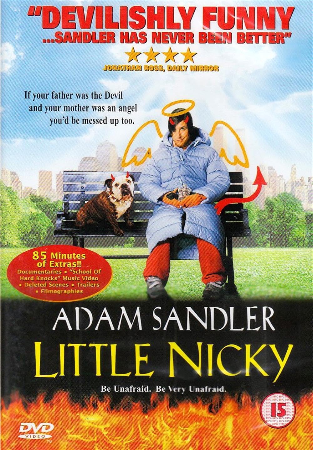 DVD cover of 'Little Nicky' featuring Adam Sandler with a dog and angel wings.