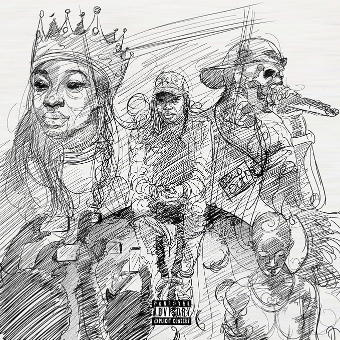 Black and white illustration of a person with a crown and others in various poses.