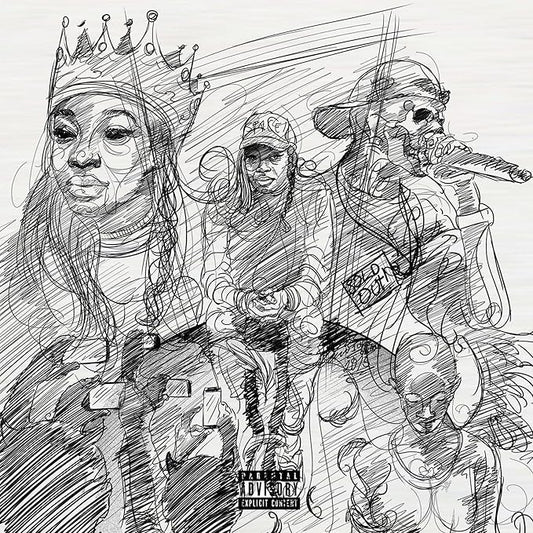 Black and white illustration of a person with a crown and others in various poses.