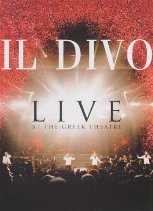 Concert poster for Il Divo live at the Greek Theatre with a red and black background.