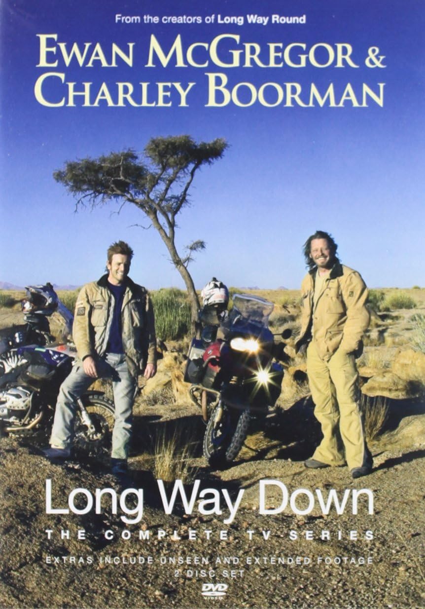 DVD cover of 'Long Way Down' featuring two men with motorcycles and text about Ewan McGregor and Charley Boorman.
