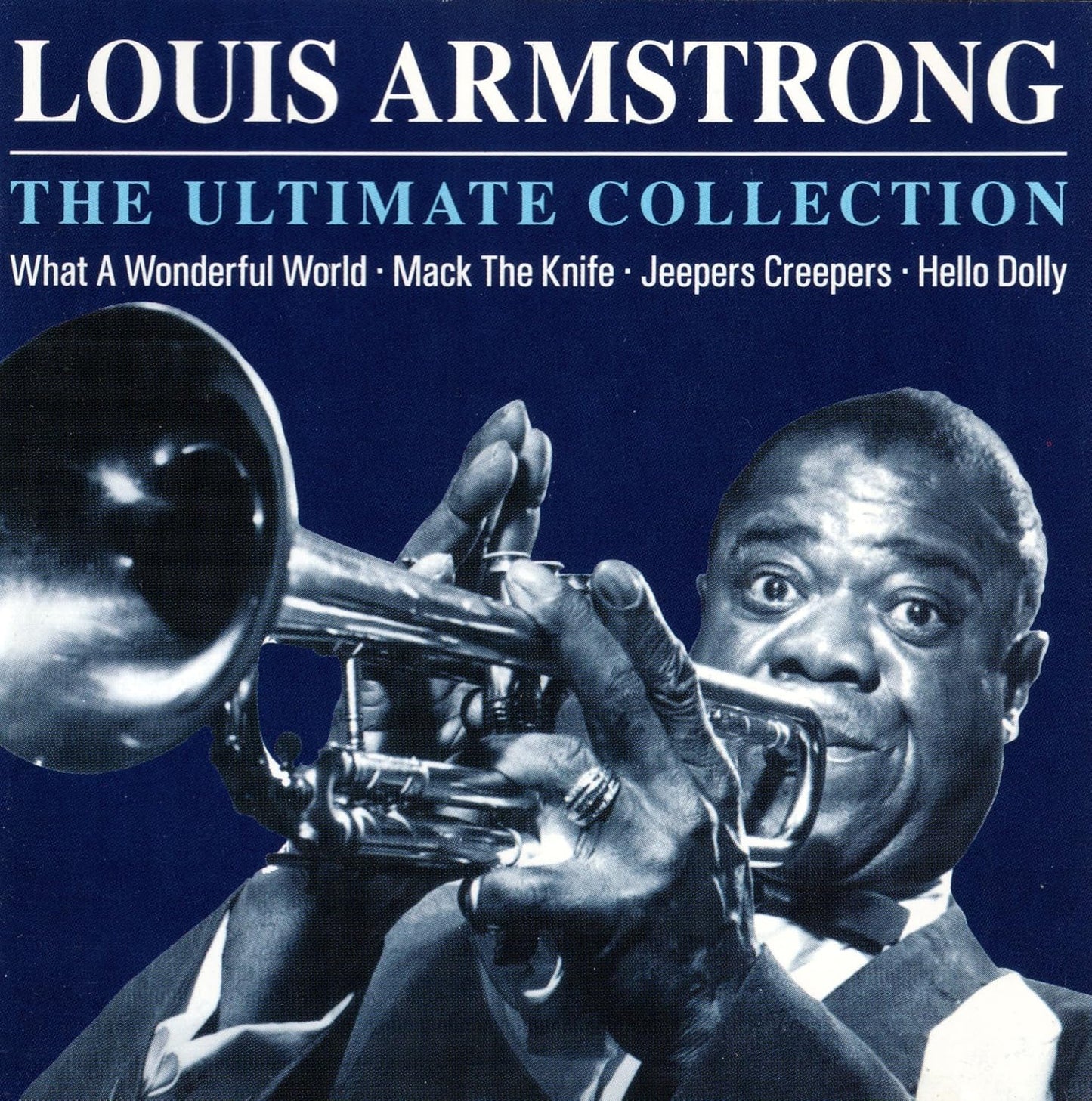 Album cover featuring Louis Armstrong playing a trumpet with a blue background
