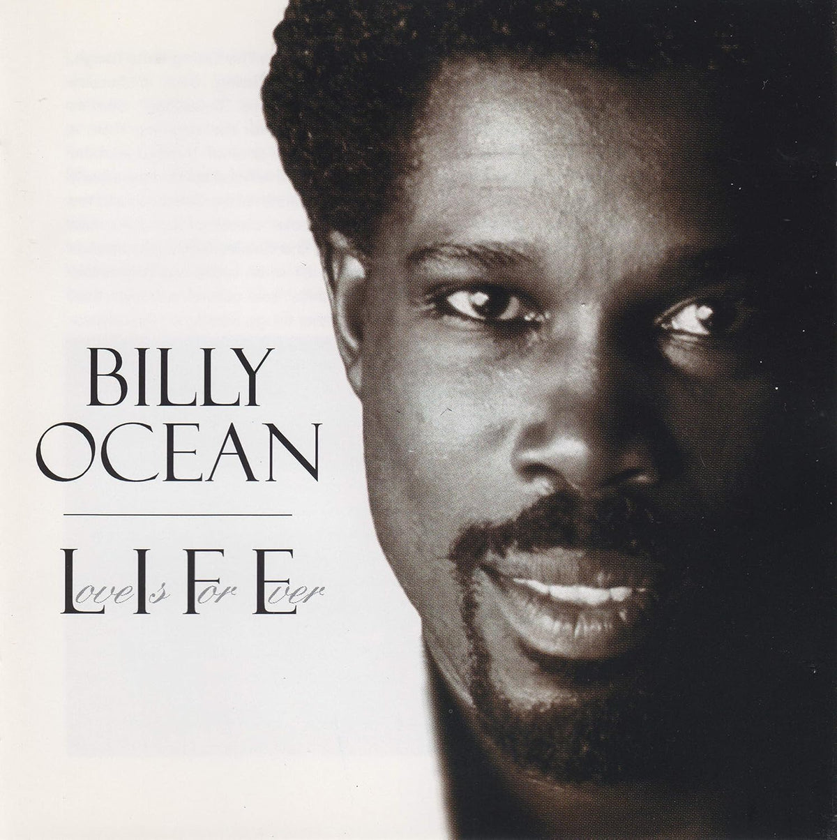Album cover for Billy Ocean's 'Love Is For Ever', featuring a close-up black and white portrait of the artist on the right and the title text on the left.