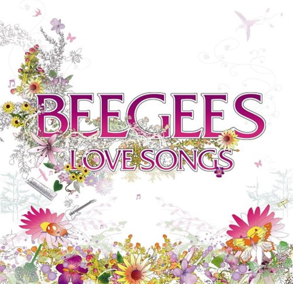 Album cover for 'Love Songs' by the band Beegees, featuring the band's name in large pink and purple letters with floral illustrations framing the top and bottom on a white background.