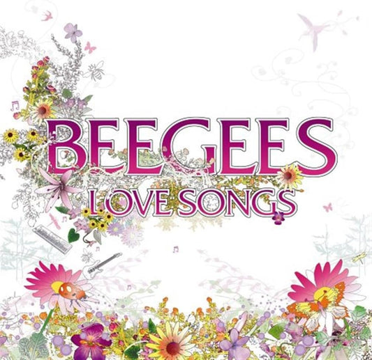 Album cover for 'Love Songs' by the band Beegees, featuring the band's name in large pink and purple letters with floral illustrations framing the top and bottom on a white background.