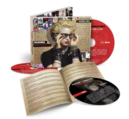 Deluxe 3CD set of Madonna's 'Finally Enough Love: 50 Number Ones', featuring a selection of her popular songs, with the artist's image on the packaging.