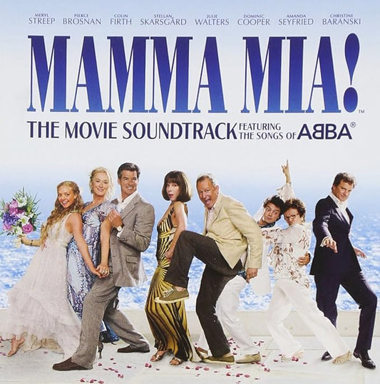 Cover of the 'Mamma Mia! The Movie Soundtrack' audio CD featuring a group photo of the cast in a celebratory pose with a movie-themed backdrop.