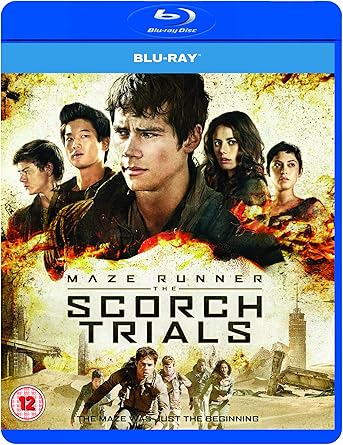 Blu-ray cover of 'Maze Runner: The Scorch Trials' with characters and fiery background