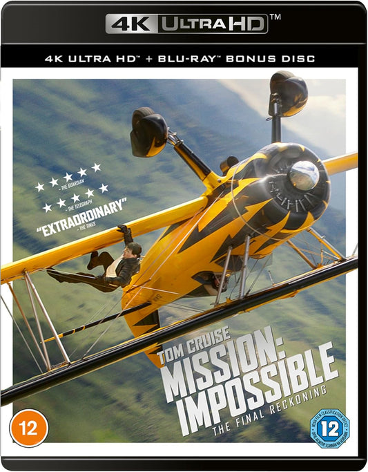 Blu-ray cover of 'Mission: Impossible - The Final Reckoning' with a yellow airplane and Tom Cruise.