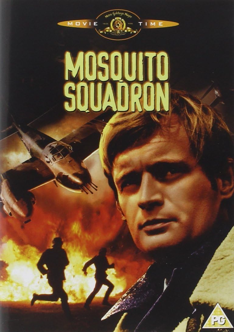 Movie poster for 'Mosquito Squadron' with a dramatic scene and text.