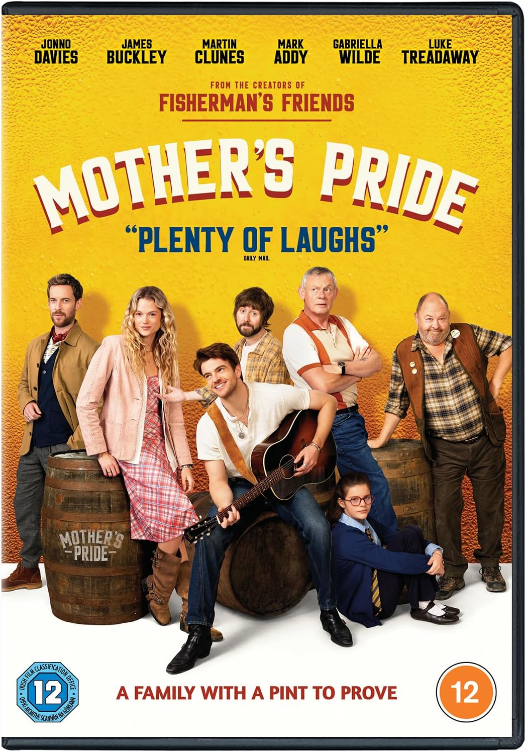 DVD cover of 'Mother's Pride' with a group of people and a barrel on a yellow background