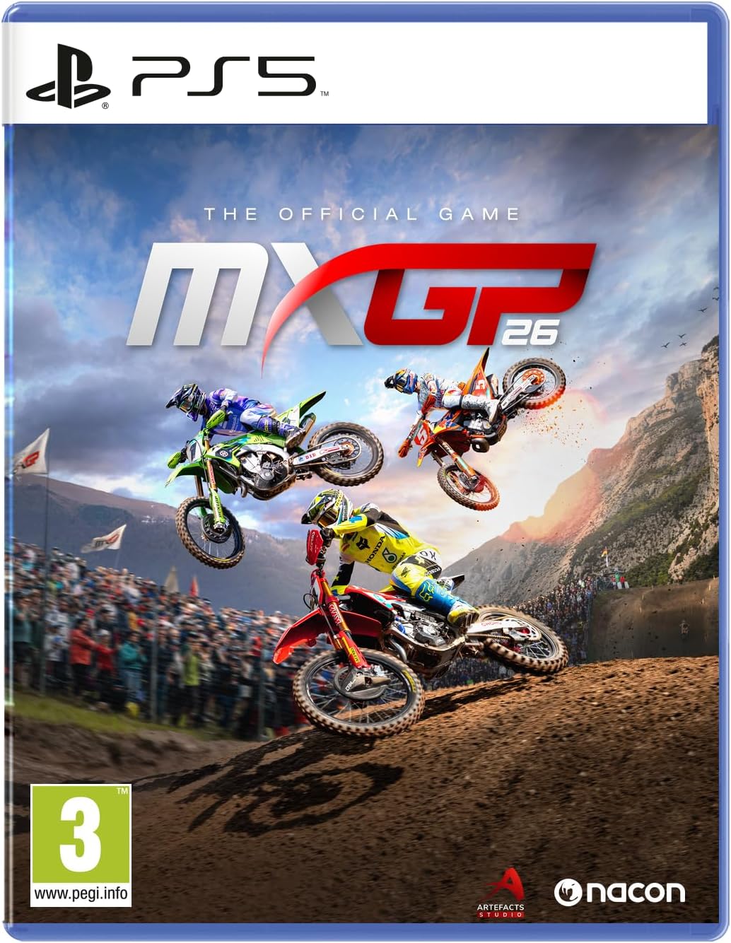 PS5 game cover for MXGP 26: The Official Game, featuring motocross riders mid-air on a dirt track with mountains and a crowd in the background. Visible brands include PlayStation, PEGI, NACON, and Artisan Studio.
