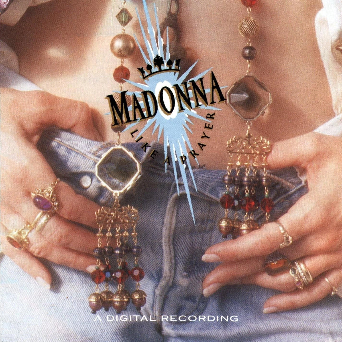 Album cover with hands holding jewelry and 'Madonna Prayer' text